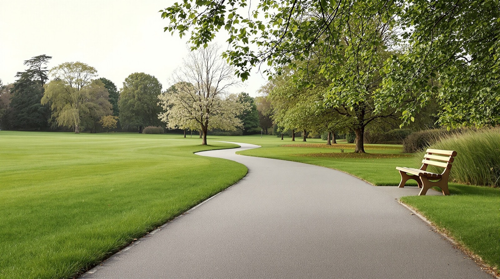 A smooth level accessible path through parkland with a bench beside it and no steps or stiles