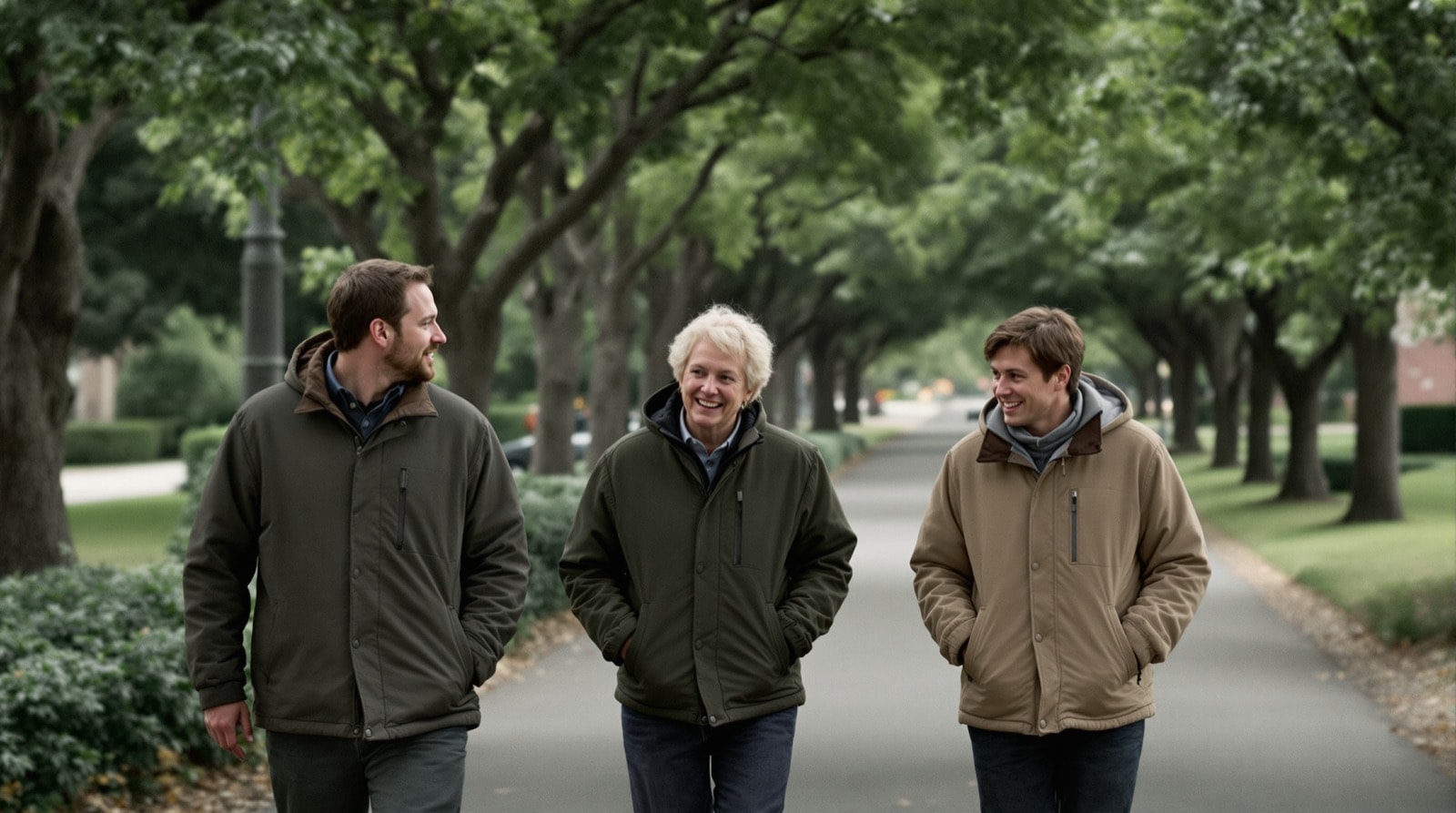 Three walkers spread across a broad path, one turning slightly toward another as they talk