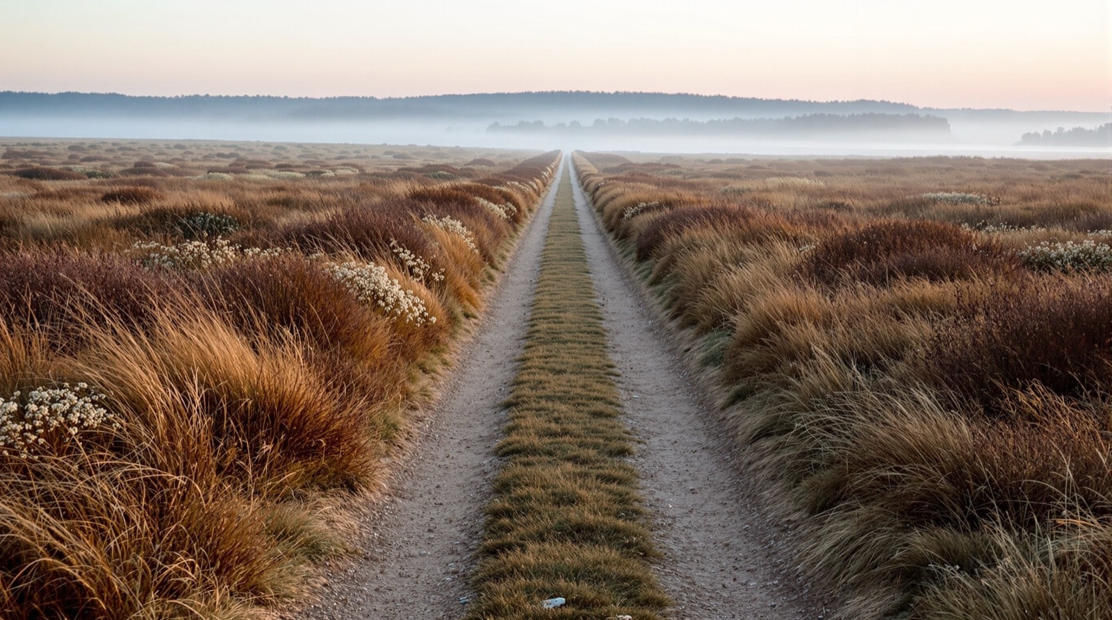 A quiet path through open heathland at dawn with a long clear view ahead