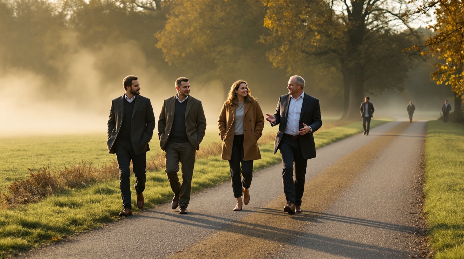 A small group of professionals walking and talking together along a wide gravel path beside open parkland in early morning light