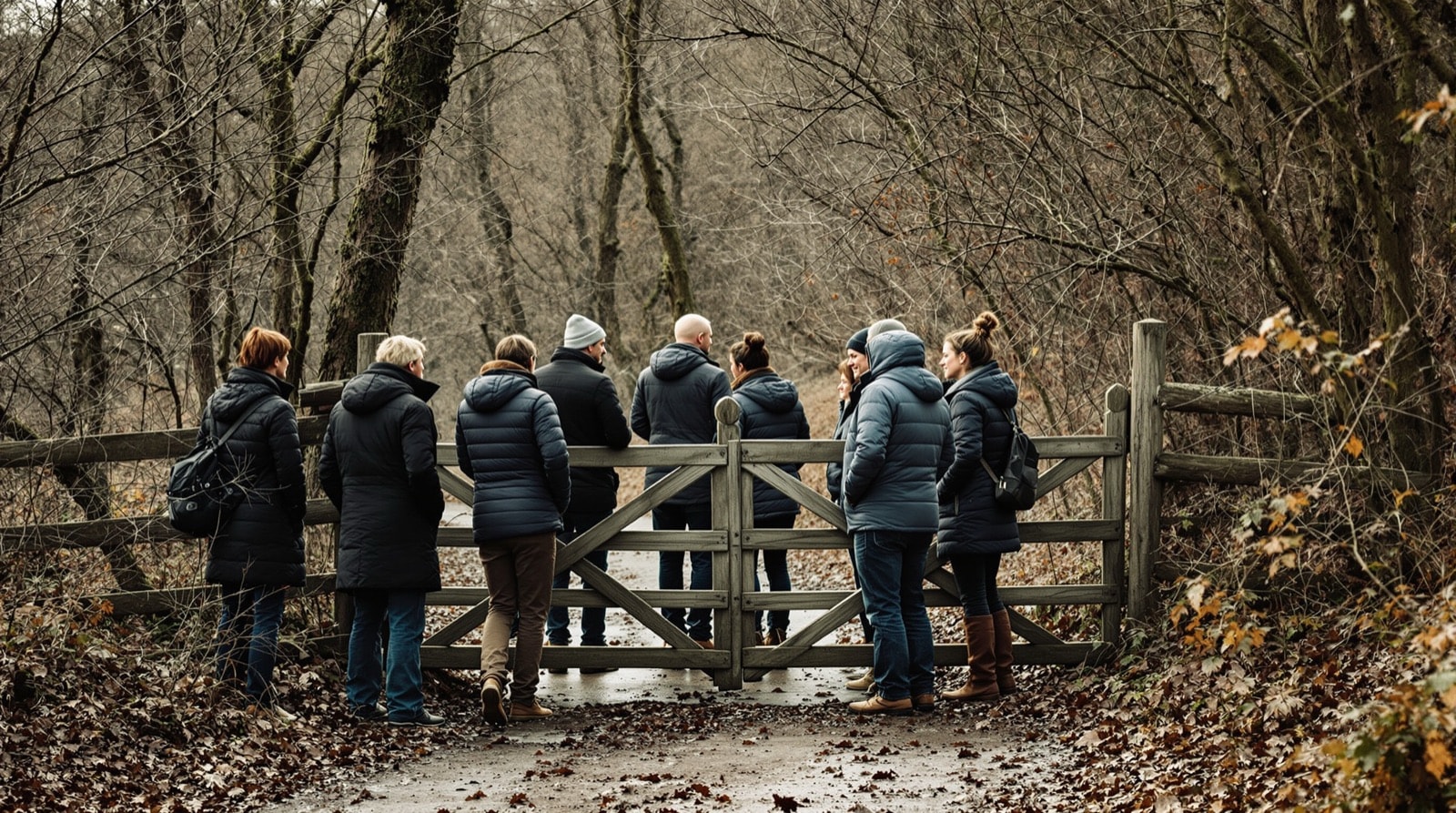A group of walkers pausing at a wooden gate where a path splits, regrouping before continuing