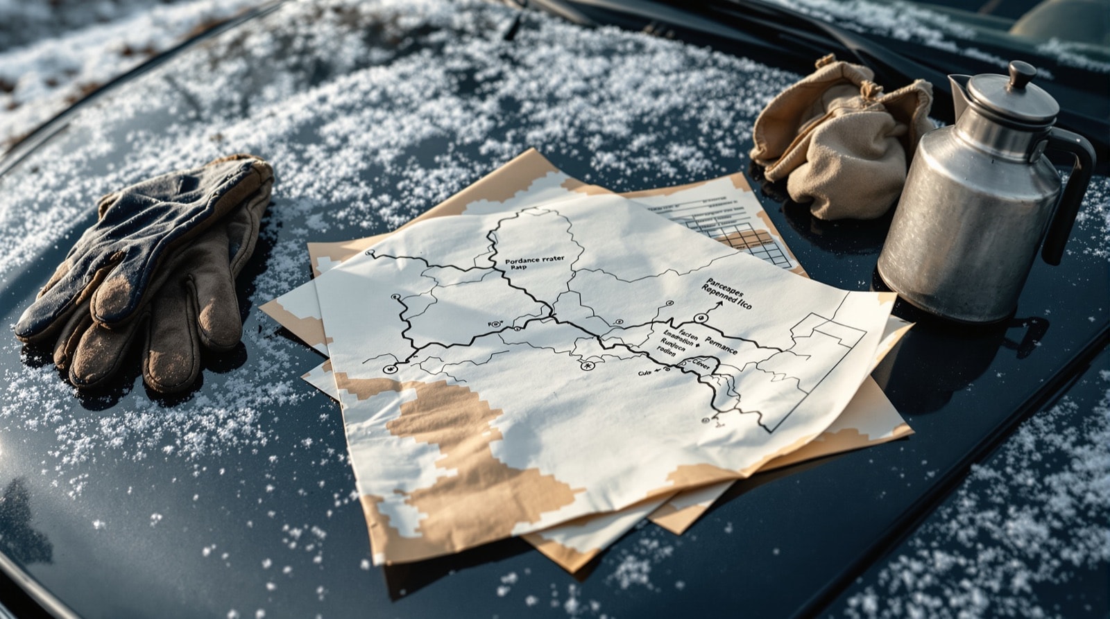 A hand-drawn route sketch and a paper map spread on a car bonnet with a flask beside them on a frosty morning