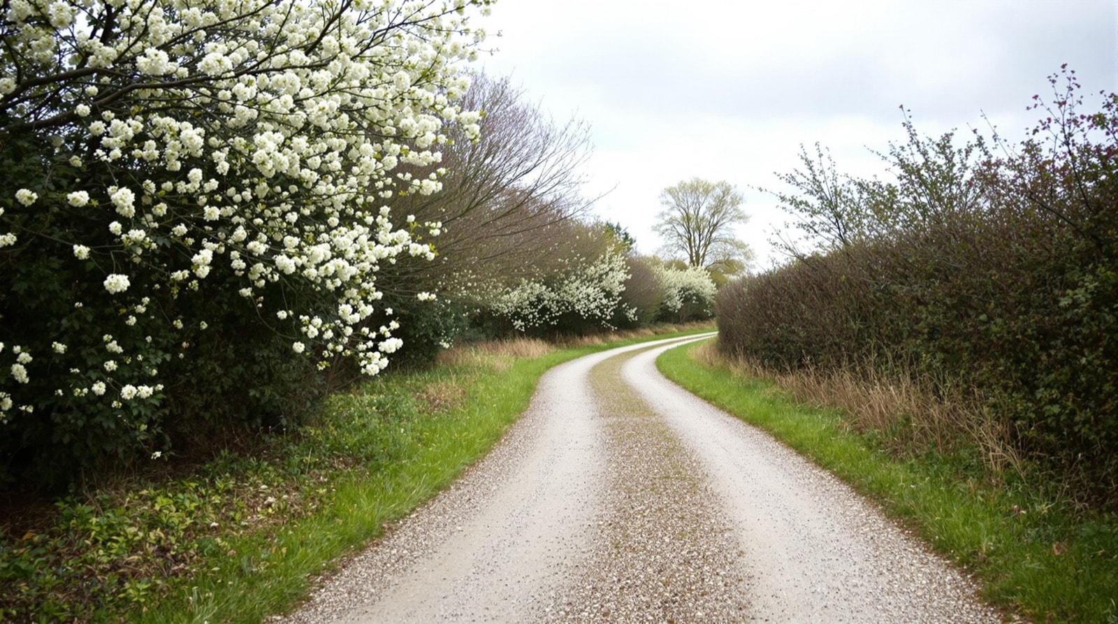 A wide level gravel track curving between hedgerows, easily wide enough for two people to walk abreast