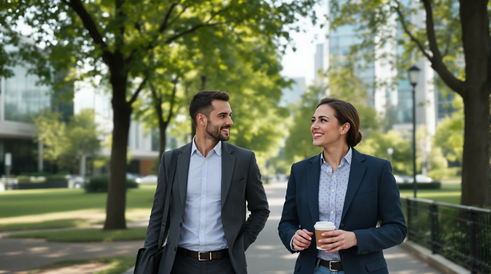 Two colleagues walking a city park path between office buildings on a bright weekday morning
