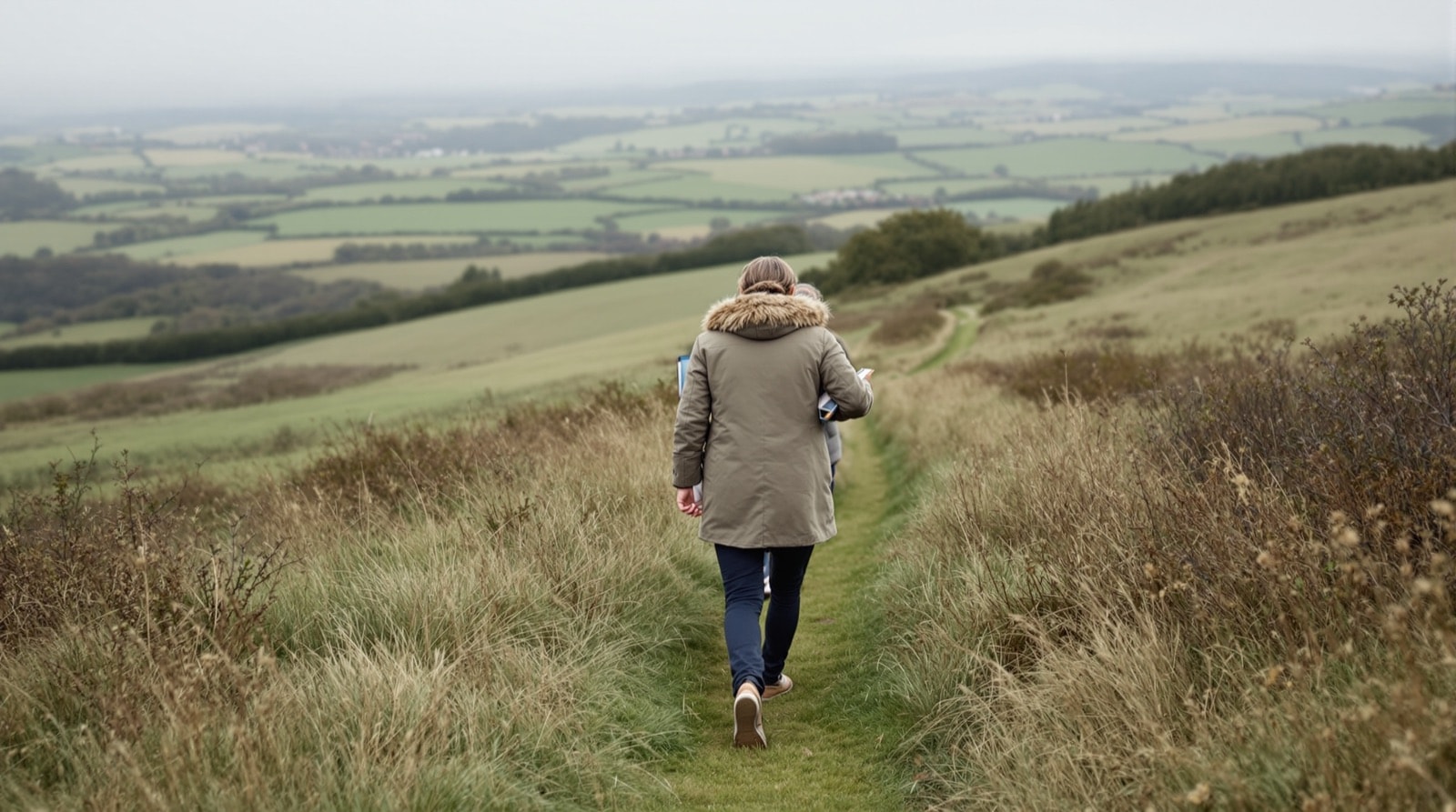 Two people in walking coats talking as they climb a grassy path, notebooks tucked under an arm, wide countryside behind them