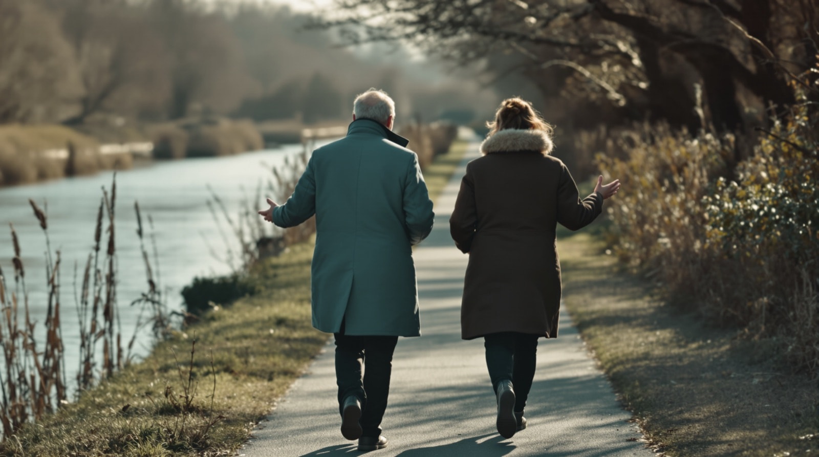 Two walkers seen from behind, side by side on a narrow riverside path, one gesturing mid-explanation